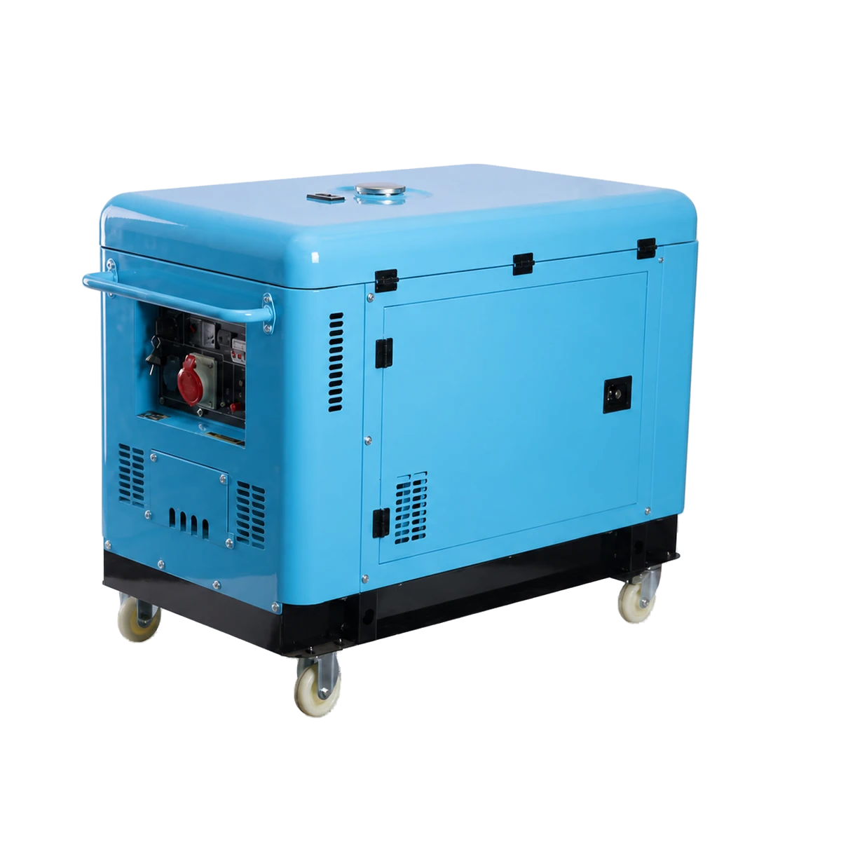 Blue enclosed generator shown from the control-panel side