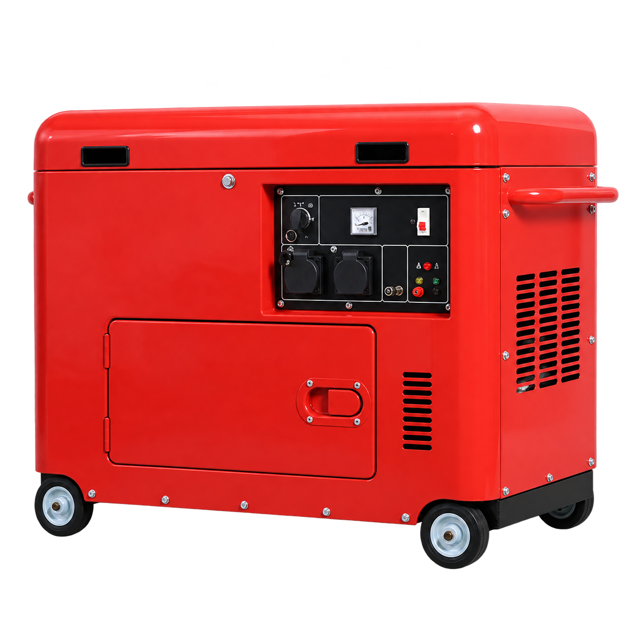 Red enclosed BEAR gasoline generator shown from the control-panel side