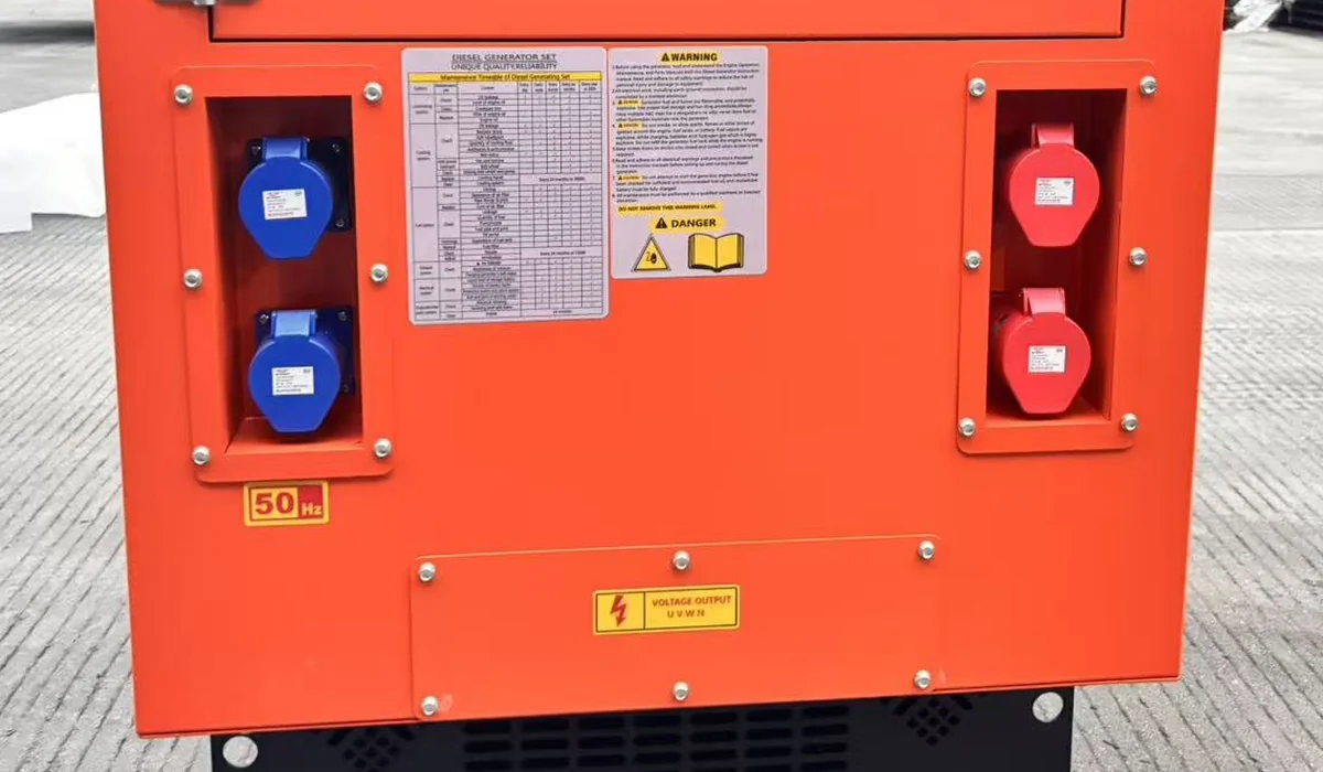 Two blue and two red industrial sockets on the control end of the SG 30 kW canopy, with the 50 Hz label and the output terminal cover