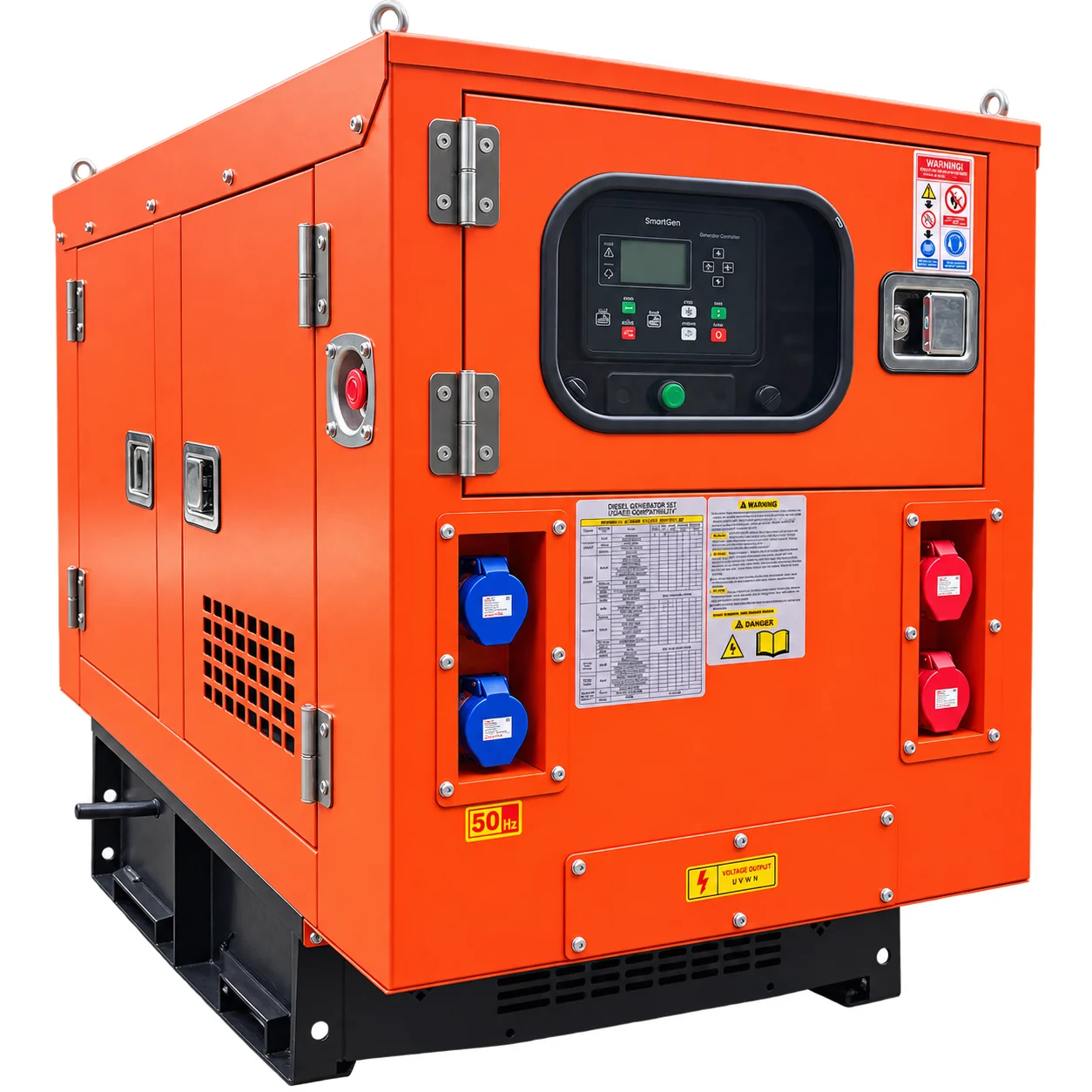SG 30 kW silent diesel generator in an orange canopy, seen from the control end and the service-door side, with the red emergency stop and black skid base