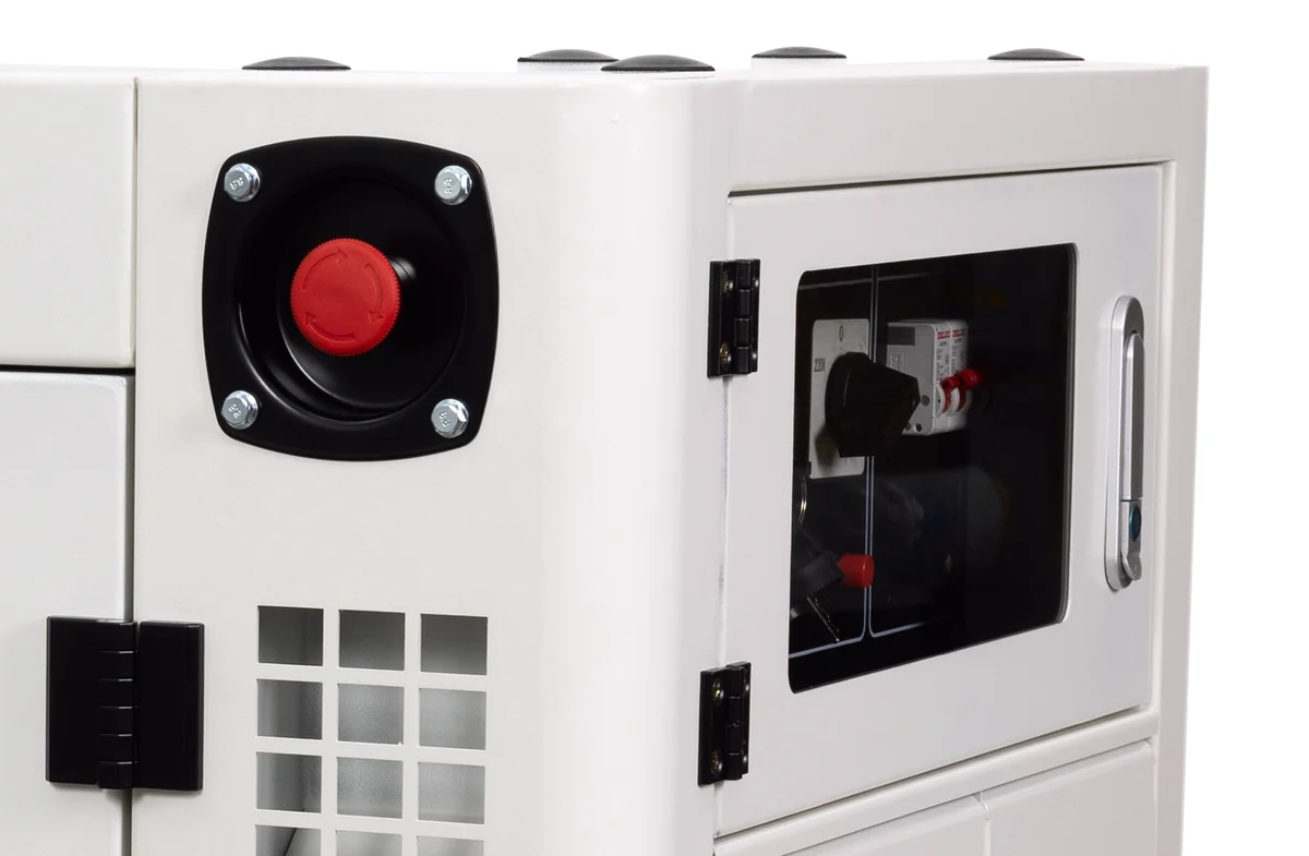 Red emergency-stop button on the DH19500 canopy corner beside the control-panel window door