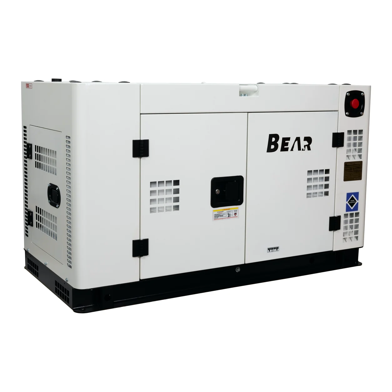 DH19500 diesel generator from the control end, with BEAR logo, service doors, emergency stop and panel window