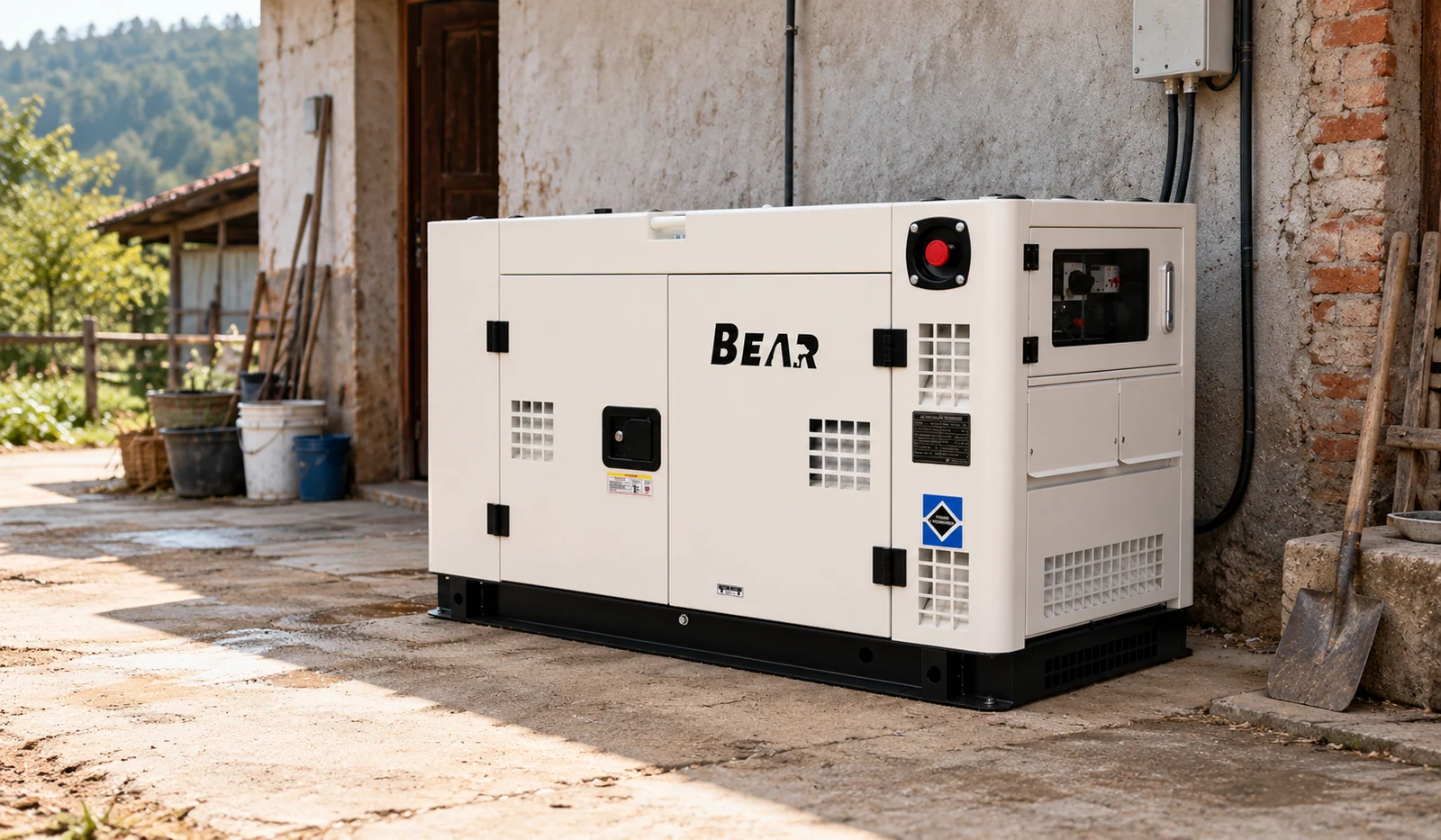 DH19500 diesel generator beside a farm building wall with a cable box and tools