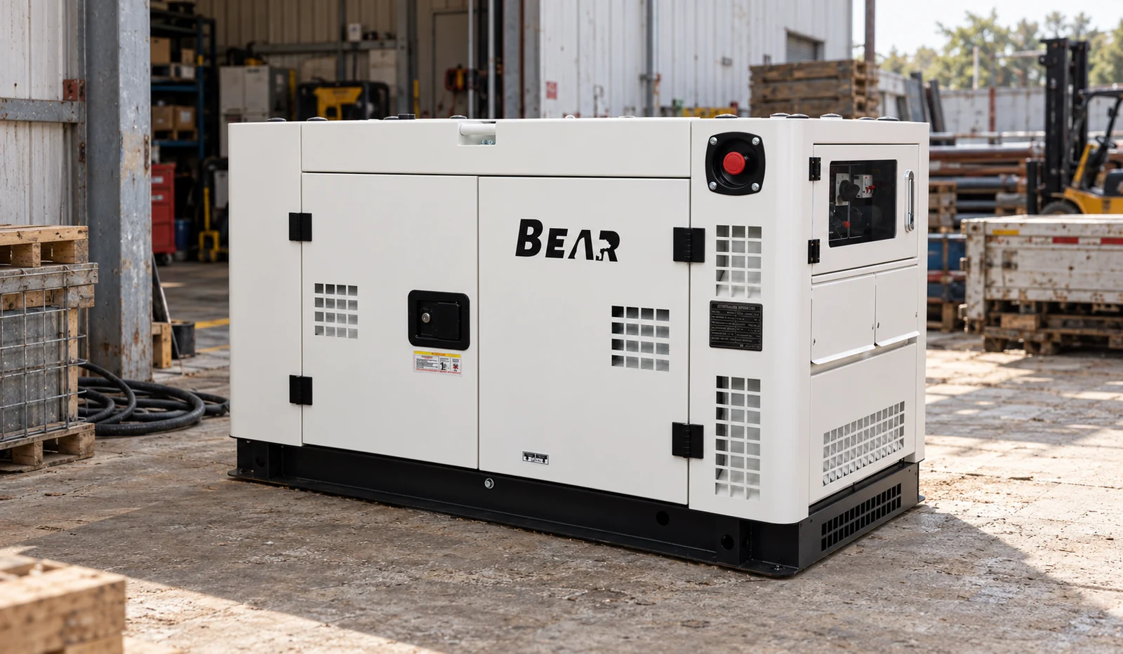 DH19500 diesel generator in an industrial yard with pallets, a workshop and a forklift
