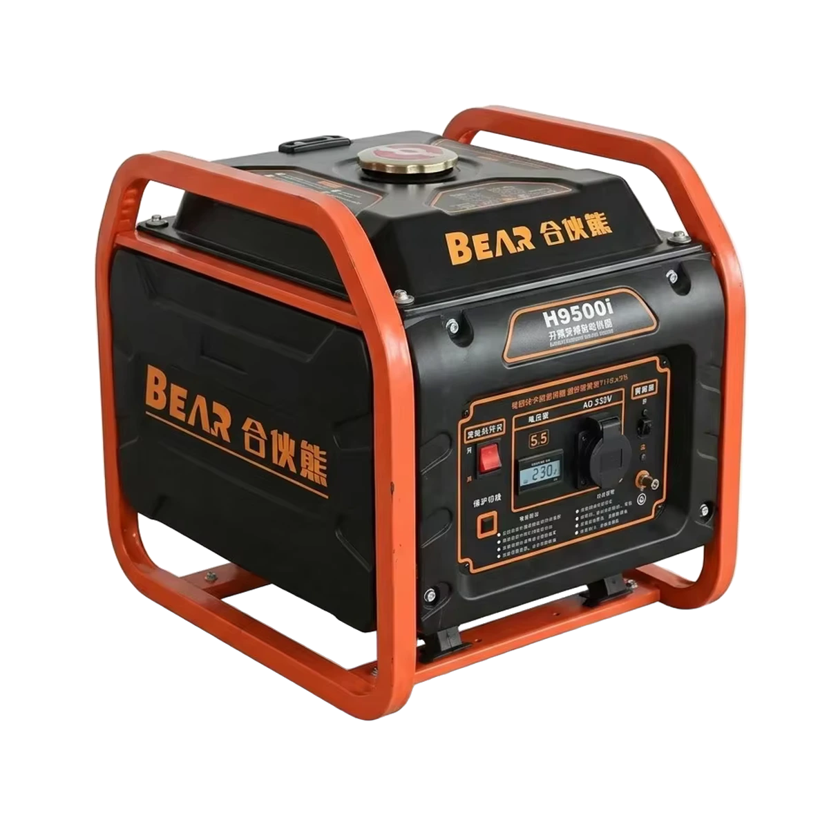 Control-panel-side view of an orange BEAR open-frame gasoline generator