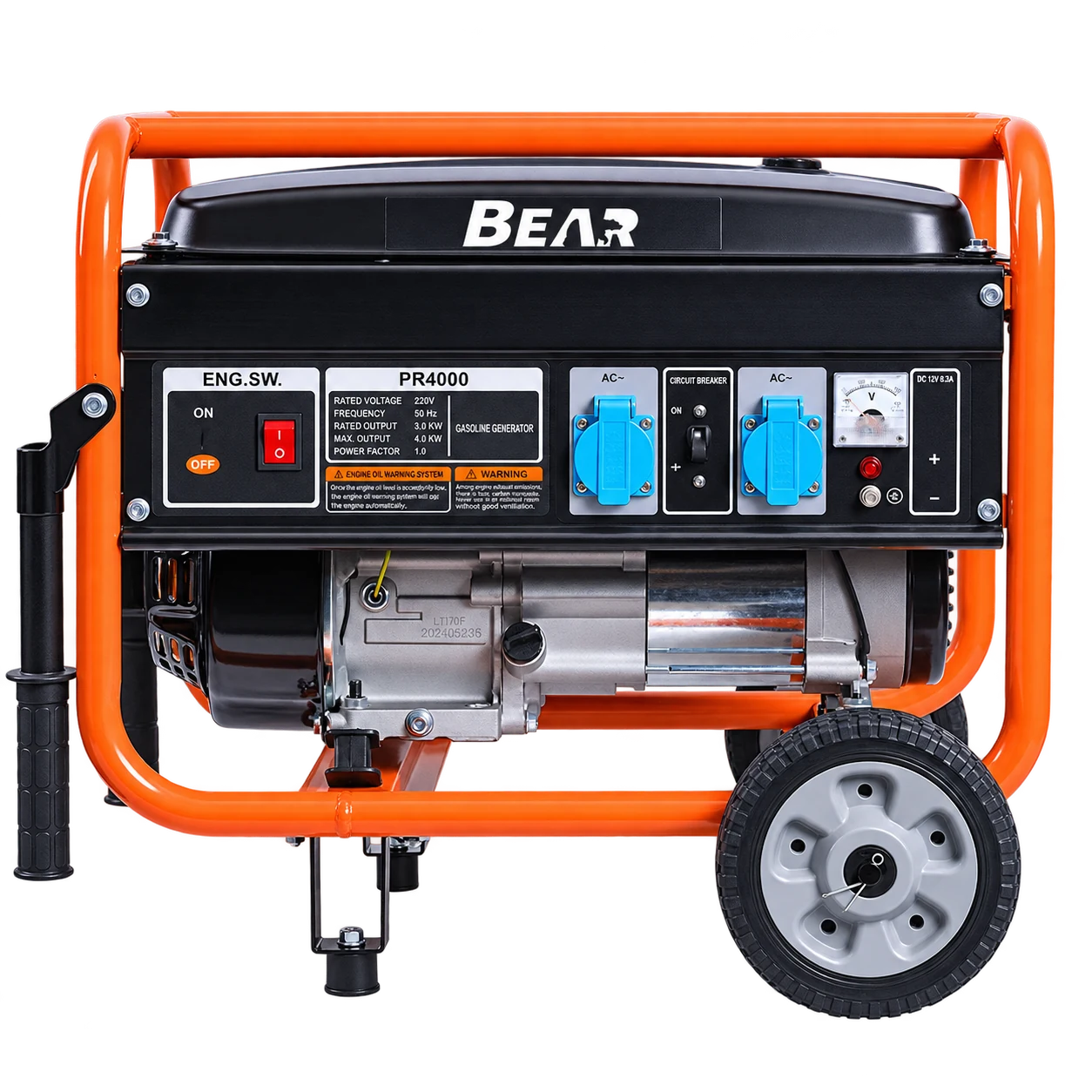 Orange and black BEAR PR6500 wheeled open-frame generator, full front view